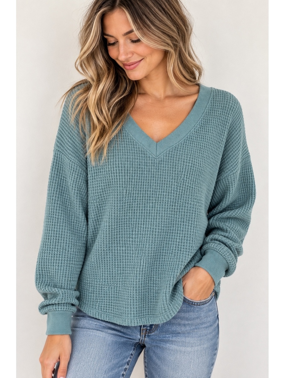 Madewell XS Blue Waffle Knit V-Neck Pullover Sweater Relaxed Fit
